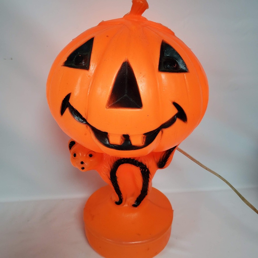 Blow Mold Halloween Jack O Lantern Pumpkin Black Cat Orange Vintage 14" Lamp